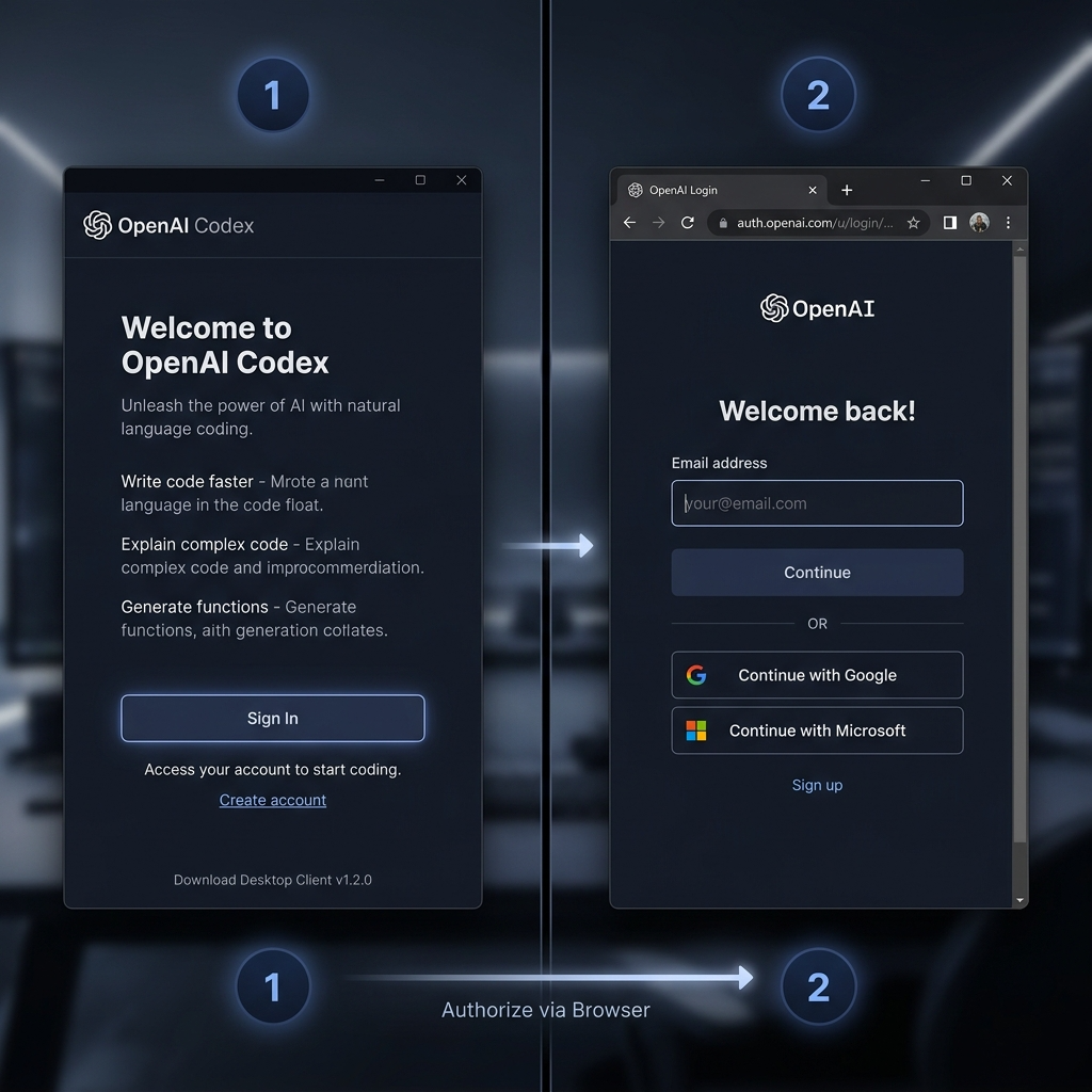 图⑤:Codex 登录及浏览器弹出 OpenAI 登录页